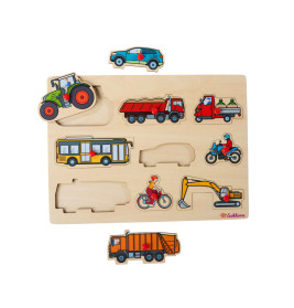 Holzfahrzeug-Puzzle mit Teilen in Form von Traktor, LKW, Auto, Bus, Roller, Fahrrad, Motorrad und Bagger.