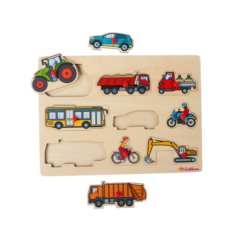Holzfahrzeug-Puzzle mit Teilen in Form von Traktor, LKW, Auto, Bus, Roller, Fahrrad, Motorrad und Bagger.