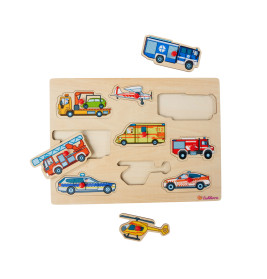 Holzpuzzle mit abgebildeten Einsatzfahrzeugen wie Polizeiauto, Feuerwehrauto und Hubschrauber.