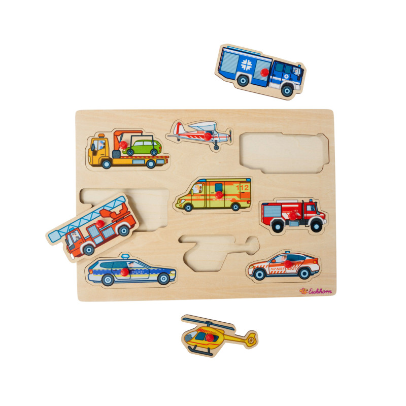 Holzpuzzle mit abgebildeten Einsatzfahrzeugen wie Polizeiauto, Feuerwehrauto und Hubschrauber.