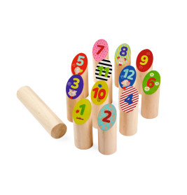 Holzkegelspiel mit farbigen, nummerierten Kegeln und einem zylindrischen Wurfstab.