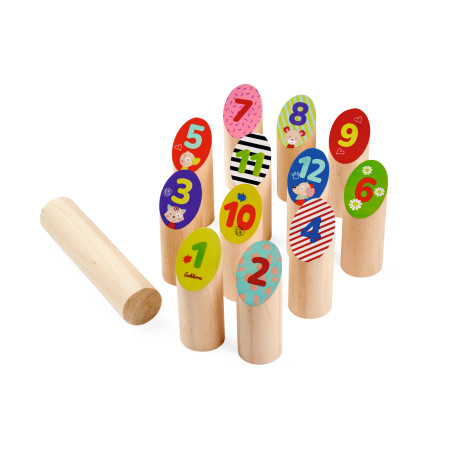 Holzkegelspiel mit farbigen, nummerierten Kegeln und einem zylindrischen Wurfstab.