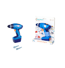 Spielzeug-Akku-Bohrmaschine in Blau/Schwarz mit zwei grauen Bits, lose und verpackt, für Kinder ab 3 Jahren.
