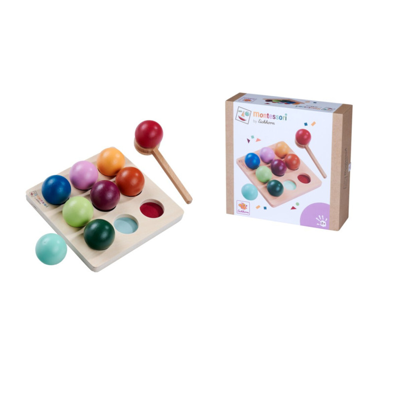 Montessori Kugelklopfspiel aus Holz mit bunten Kugeln und passender Box vor weißem Hintergrund.