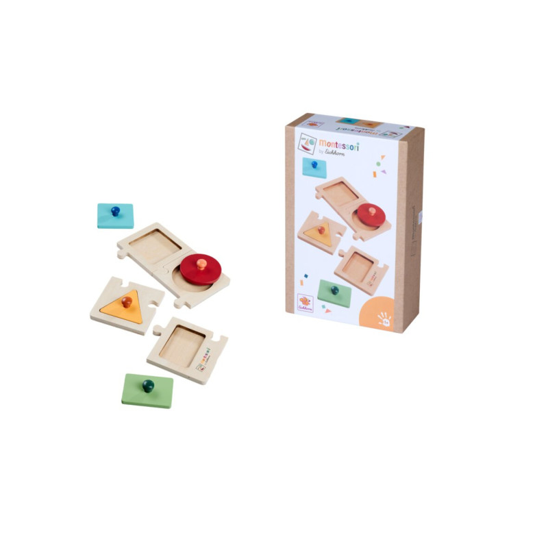 Montessori-Holzpuzzle mit Dreieck-, Kreis- und Rechteckformen sowie Box vor weißem Hintergrund.
