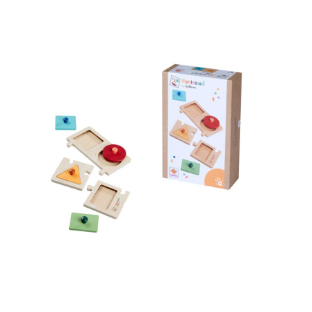 Montessori-Holzpuzzle mit Dreieck-, Kreis- und Rechteckformen sowie Box vor weißem Hintergrund.