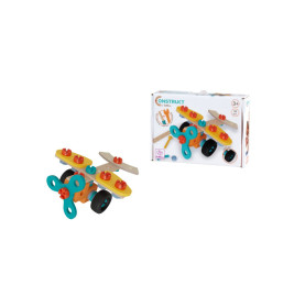 Buntes Spielzeugflugzeug mit Propeller neben Verpackung, geeignet für Kinder ab 3 Jahren.