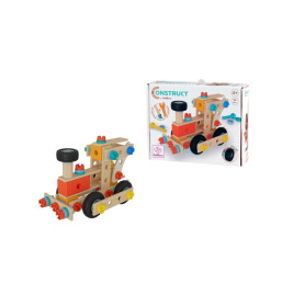 Holz-Konstruktionsspielzeug mit bunten Teilen neben seiner Verpackung, die das gleiche Fahrzeug abbildet.