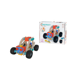 Baukasten für Spielzeugauto mit bunten Holzteilen und großen Rädern, neben der Verpackung abgebildet.