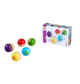 Fünf bunte Holzbälle, je zur Hälfte naturbelassen und farbig lackiert, mit zugehöriger Verpackung.