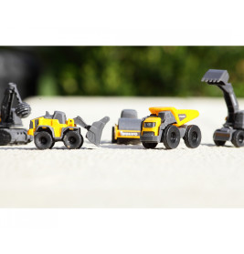 Dickie Toys Volvo Micro Builders Construction Set – 3 Baufahrzeuge, Freilauf, ca. 9cm