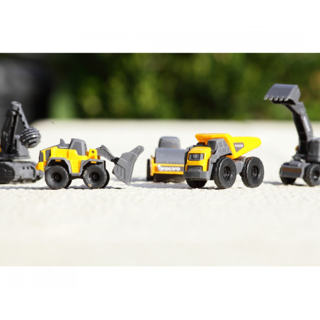 Dickie Toys Volvo Micro Builders Construction Set – 3 Baufahrzeuge, Freilauf, ca. 9cm