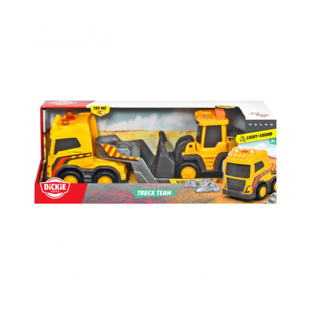 Dickie Toys Volvo Truck Team mit Anhänger & Radlader | Licht, Sound, Try Me | 32 cm