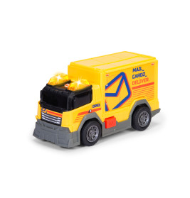 Gelber Spielzeug-Lieferwagen mit blinkenden Lichtern und der Aufschrift Mail Cargo Deliver an der Seite.