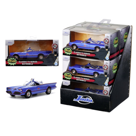 Displaybox mit mehreren Batmobil-Spielzeugautos (Jada, TV-Serie) aus Metallguss und einer Nahaufnahme eines Wagens.