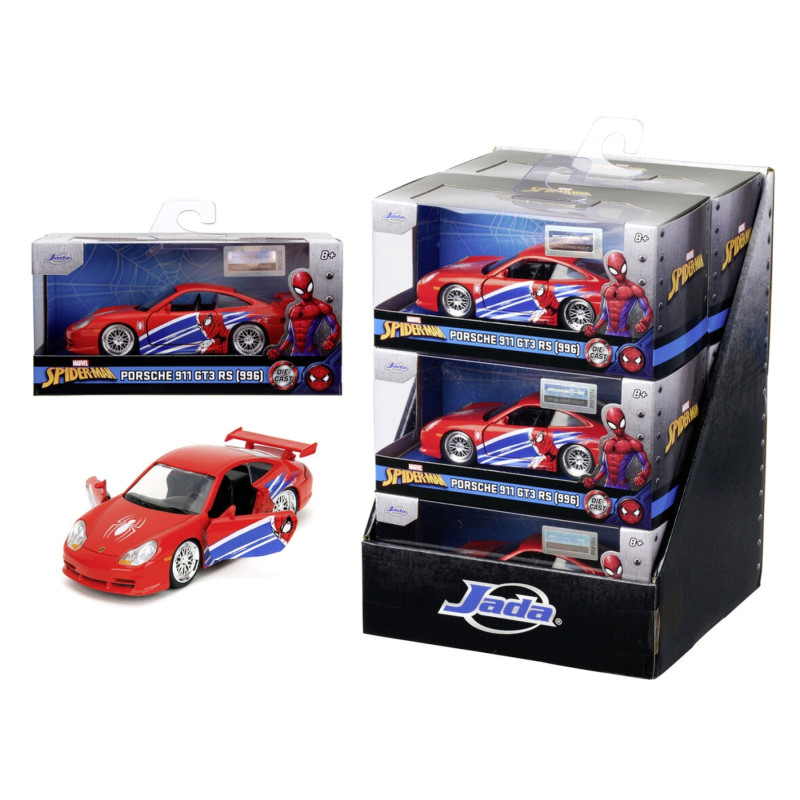 Rotes Porsche 911-Spielzeugauto im Spider-Man-Design mit Verpackung und Displayständer von Jada.