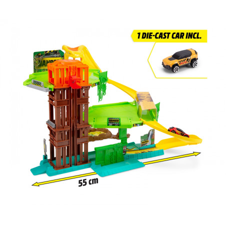 Dickie Toys Jungle Garage: Dschungel Abenteuer Spielset mit 5 Safari Fahrzeugen, Sound & Licht