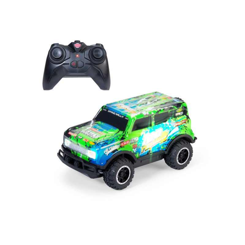 Schwarzes ferngesteuertes Spielzeugauto mit grün-blauem Design, darüber ein schwarzer Controller.