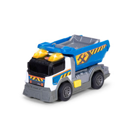 Spielzeug-Kipplaster mit blau-weißem Aufbau, gelben Lichtern und Baufirmen-Aufklebern an der Seite.