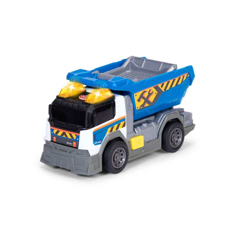Spielzeug-Kipplaster mit blau-weißem Aufbau, gelben Lichtern und Baufirmen-Aufklebern an der Seite.