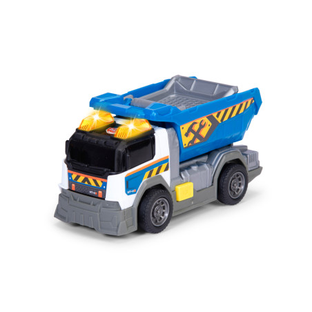 Spielzeug-Kipplaster mit blau-weißem Aufbau, gelben Lichtern und Baufirmen-Aufklebern an der Seite.