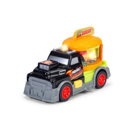 Spielzeug-Burger-Foodtruck mit bunten Rädern, Freshly Grilled-Schild und Dach in Burger-Form.