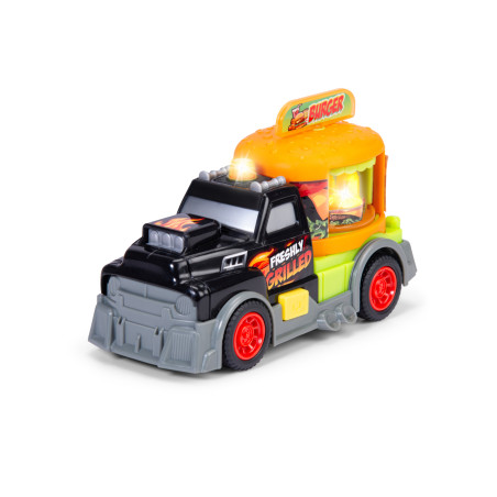 Spielzeug-Burger-Foodtruck mit bunten Rädern, Freshly Grilled-Schild und Dach in Burger-Form.