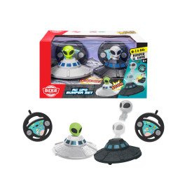 Zwei ferngesteuerte UFO-Spielzeuge mit Alien-Figuren, Fernbedienungen und bunter Verpackung sind abgebildet.