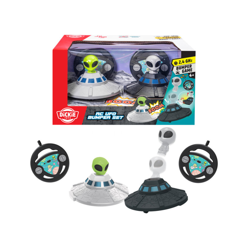 Zwei ferngesteuerte UFO-Spielzeuge mit Alien-Figuren, Fernbedienungen und bunter Verpackung sind abgebildet.