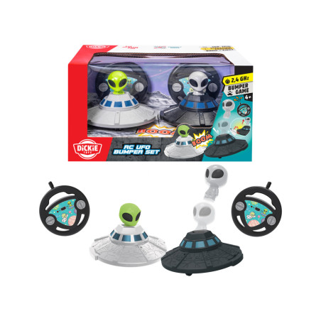 Zwei ferngesteuerte UFO-Spielzeuge mit Alien-Figuren, Fernbedienungen und bunter Verpackung sind abgebildet.