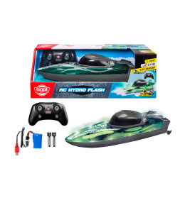 Ferngesteuertes Boot-Set mit Boot, Fernbedienung, Batterien, Ladekabel und farbenfroher Verpackung.