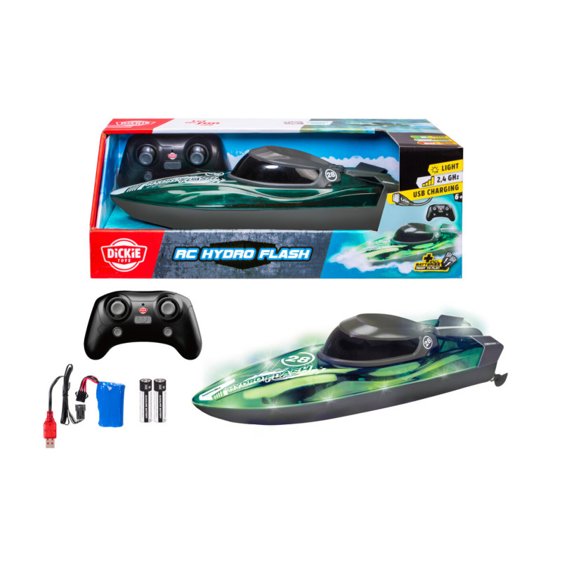 Ferngesteuertes Boot-Set mit Boot, Fernbedienung, Batterien, Ladekabel und farbenfroher Verpackung.