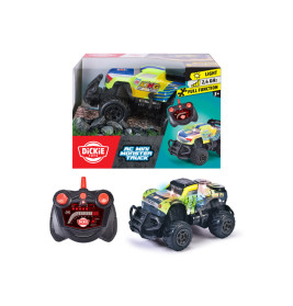 RC Mini-Monstertruck mit Fernsteuerung, abgebildet samt Verpackung mit Produktmerkmalen und Bildern.