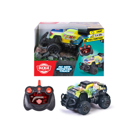 RC Mini-Monstertruck mit Fernsteuerung, abgebildet samt Verpackung mit Produktmerkmalen und Bildern.