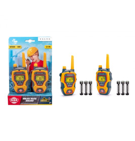 Zwei gelb-schwarze Spielzeug-Walkie-Talkies mit Batterien, in und außerhalb der Verpackung mit einem Kind gezeigt.