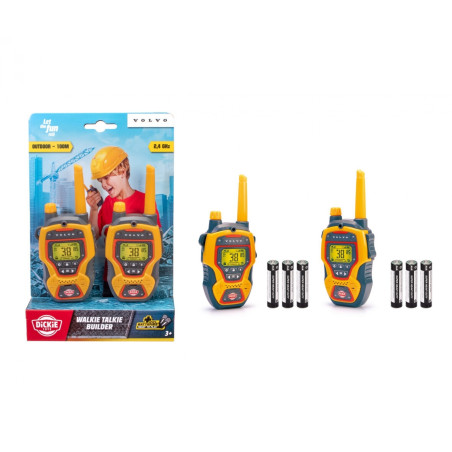 Zwei gelb-schwarze Spielzeug-Walkie-Talkies mit Batterien, in und außerhalb der Verpackung mit einem Kind gezeigt.