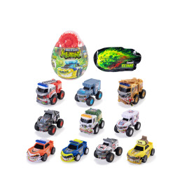 Zwölf bunte Spielzeug-Laster, ein eiförmiger Behälter und eine Packung mit Cosmic Slime auf weißem Hintergrund.