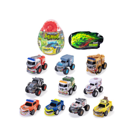 Zwölf bunte Spielzeug-Laster, ein eiförmiger Behälter und eine Packung mit Cosmic Slime auf weißem Hintergrund.