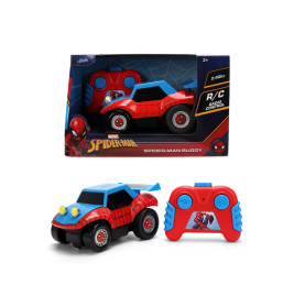 Spider-Man RC-Buggy mit Fernsteuerung, abgebildet in und außerhalb seiner bunten Verpackung.