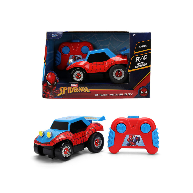 Spider-Man RC-Buggy mit Fernsteuerung, abgebildet in und außerhalb seiner bunten Verpackung.