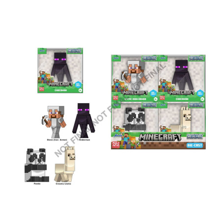Verpackung mit Minecraft-Figuren: Steve in Eisenrüstung, Enderman, Panda und cremefarbene Lama-Figur.