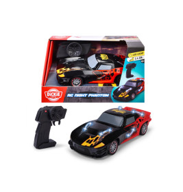 Ferngesteuertes Auto mit LED-Leuchten, Fernbedienung und bunter Verpackung mit dem Aufdruck "RC Night Phantom".