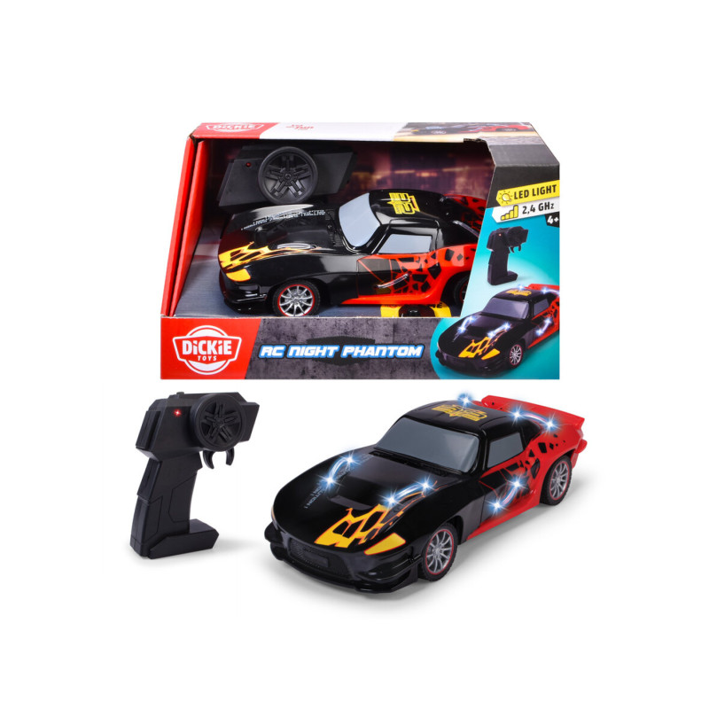 Ferngesteuertes Auto mit LED-Leuchten, Fernbedienung und bunter Verpackung mit dem Aufdruck "RC Night Phantom".