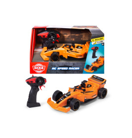 Oranges RC-Auto mit Fernbedienung und Box, Aufschrift "Dickie RC Speed Racer" samt Produktabbildungen.