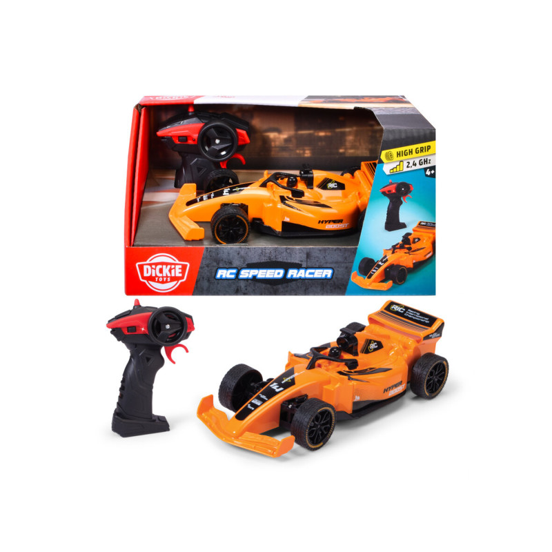 Oranges RC-Auto mit Fernbedienung und Box, Aufschrift "Dickie RC Speed Racer" samt Produktabbildungen.