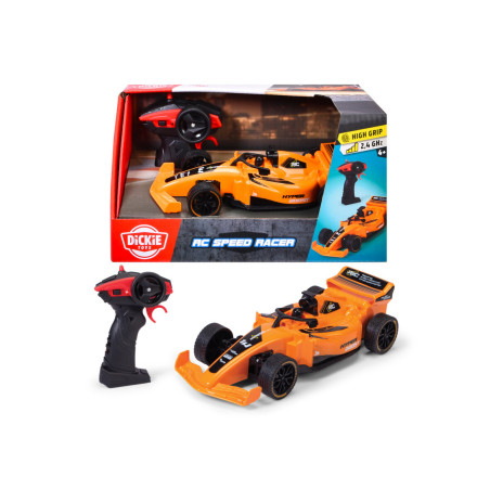 Oranges RC-Auto mit Fernbedienung und Box, Aufschrift "Dickie RC Speed Racer" samt Produktabbildungen.