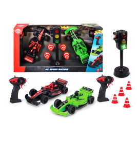 Spielzeug-Rennbahnset mit zwei ferngesteuerten Autos, Controllern, Ampel, Kegeln und Verpackung.