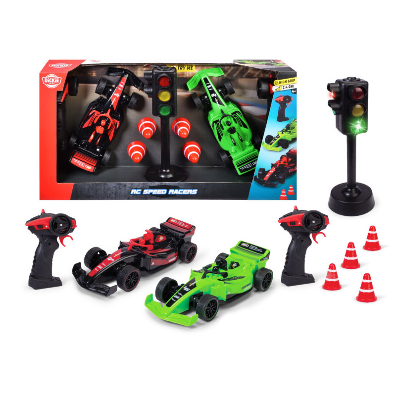 Spielzeug-Rennbahnset mit zwei ferngesteuerten Autos, Controllern, Ampel, Kegeln und Verpackung.