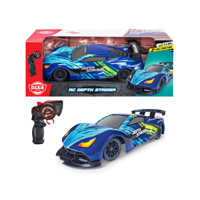 Blaues RC-Sportwagen-Spielzeug im Depth-Strider-Design, mit Fernsteuerung und Verpackung im Hintergrund.
