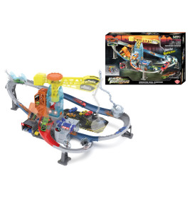 Fast & Furious Spielzeug-Autorennbahn mit Autos und einer illustrierten Verpackung im Hintergrund.